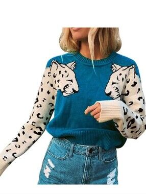 Blue Leopard Print Women's Sweater